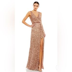 Mac Duggal 5539 Copper V-Neck High Slit Sequined Gown